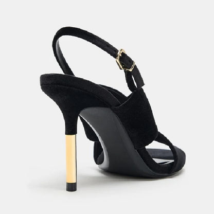 Brand Designer Metal Heel Sandals Women Suede Wide Cross Strap Peep Toe Slingback