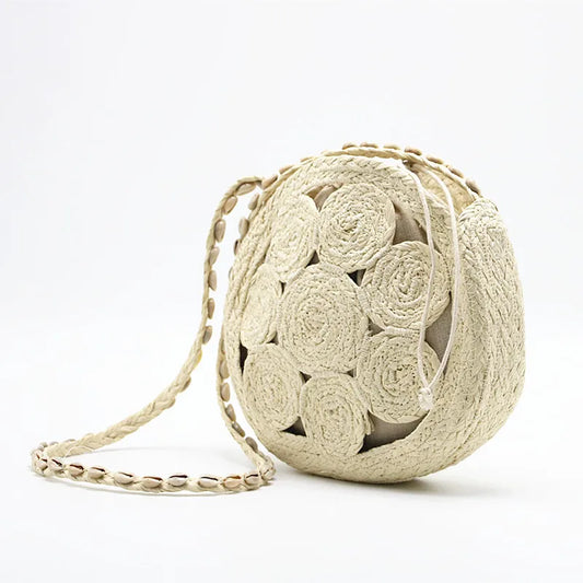 Bohemian Paper Rope Straw Bag Hollow Round Shoulder Bag Shell Strap Beach Bags for Women