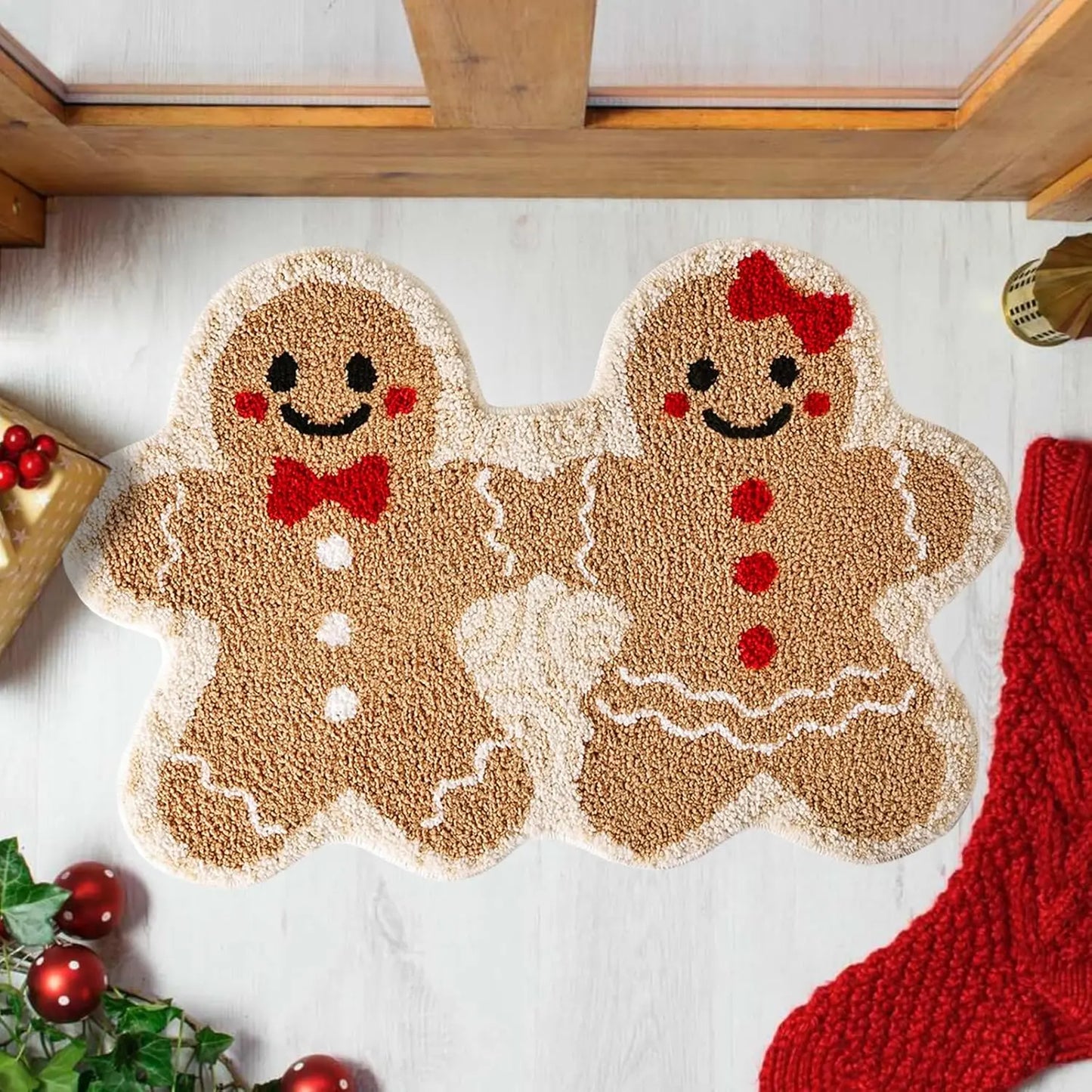 Christmas Gingerbread Man Floor Mat for Holiday Room Decoration Soft Bath Floor