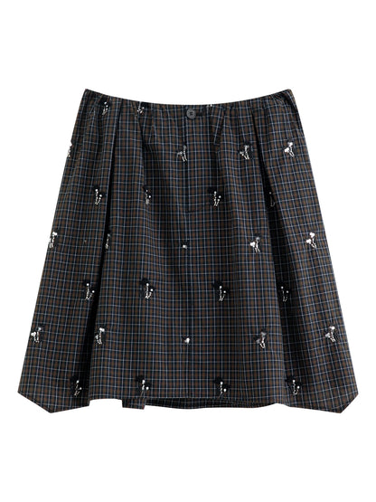 Women's New Vintage Beaded Black Plaid Tweed Vest & Skirt Set | Elegant Lady Two-Piece Outfit