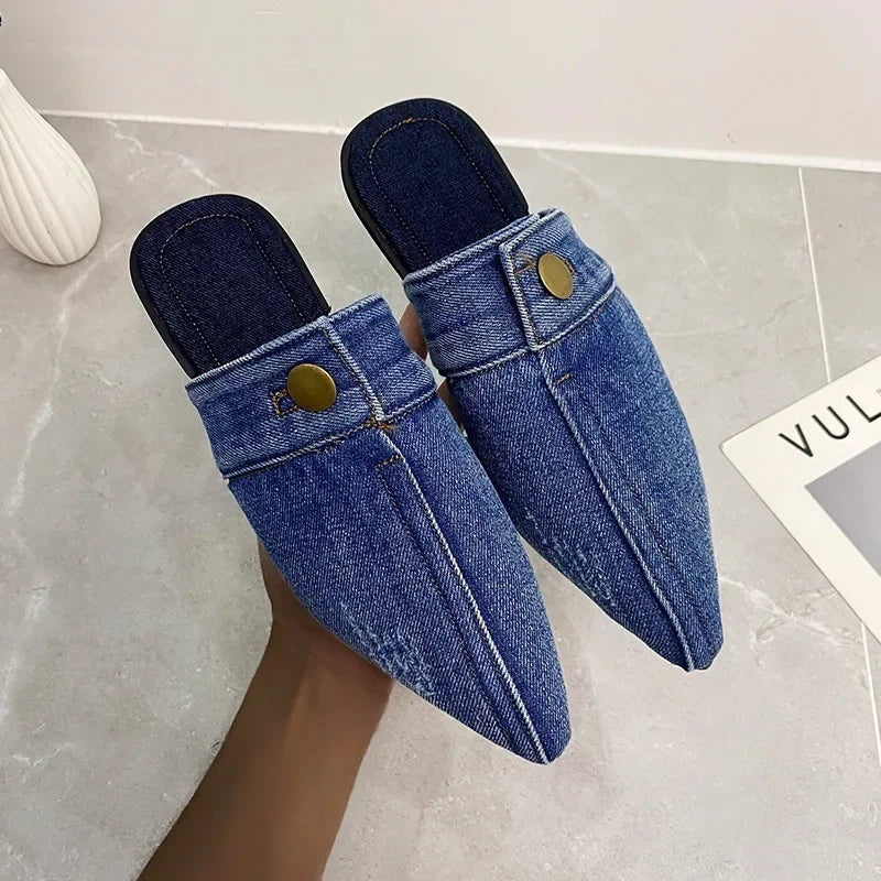 Denim Slippers Women Flat Mules Shoes Fashion Casual Slide Flip-flops Ladies Blue Designer Sandal Pointed Toe Classic Jean Mules