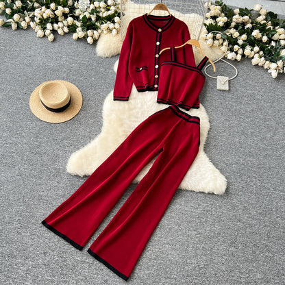 Women Three-Piece Sets Slim Single Breasted Coat Straps Camis Top High Waist Wide Leg Pants High Street Autumn Winter Clothing