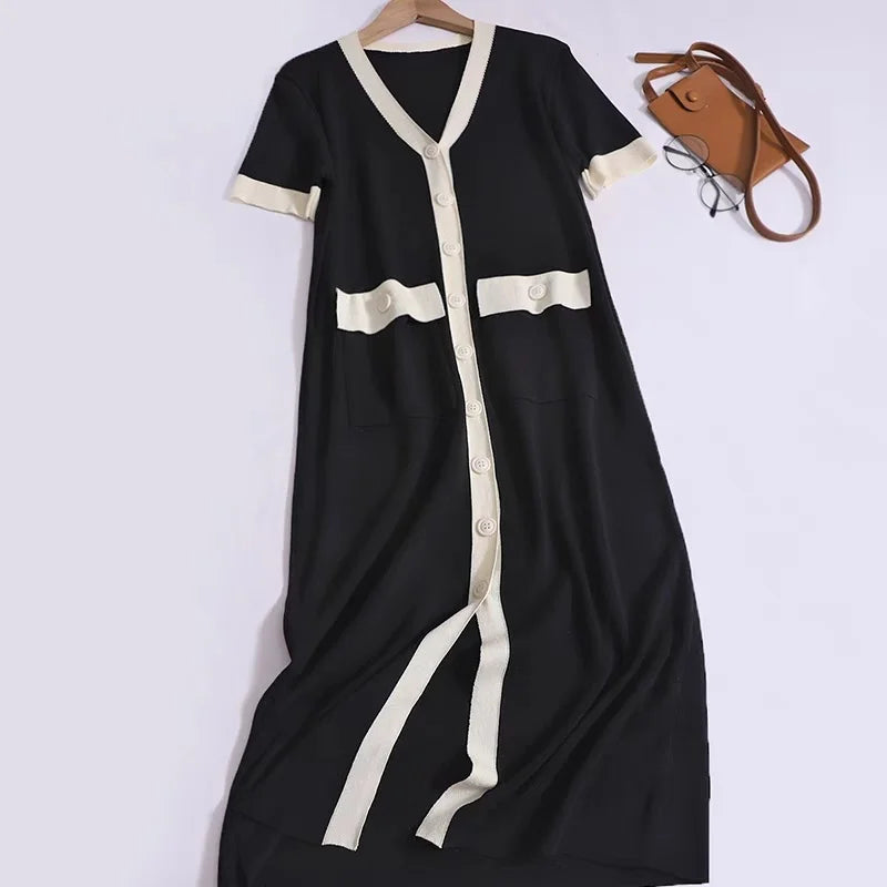 Women Summer Vintage Dress Patchwork Pocket Short Sleeved Knit Dress Loose Casual Simple Mid-Length Dress