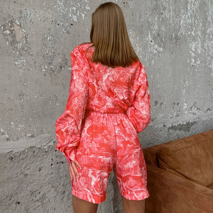 Soft Breathable Fabric Women's 2 Piece Pajama Set Red Tie Dye Print Long Sleeve Shirt & Shorts Loose Fit Sleepwear