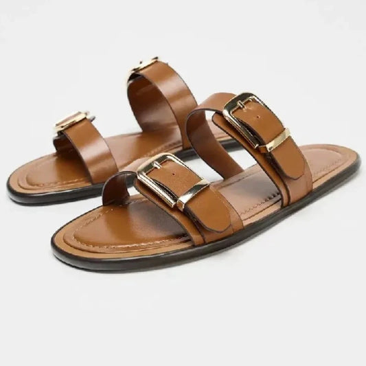 Brown Metal Buckle Brand Sandals Women Slides Open Toe