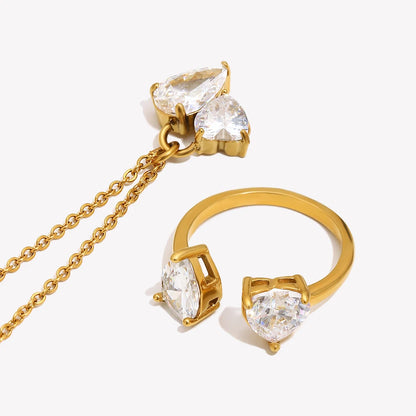 18K Gold Plated Heart CZ Jewelry Set Stainless Steel Hypoallergenic Necklace Open Ring Sets Fashion Luxury Jewelry