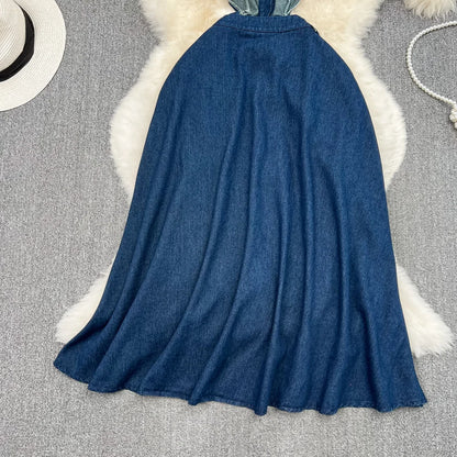 Women Lapel Hollowed Out Open Waist Slim Sleeveless Single Breasted A-line Split Denim Dress