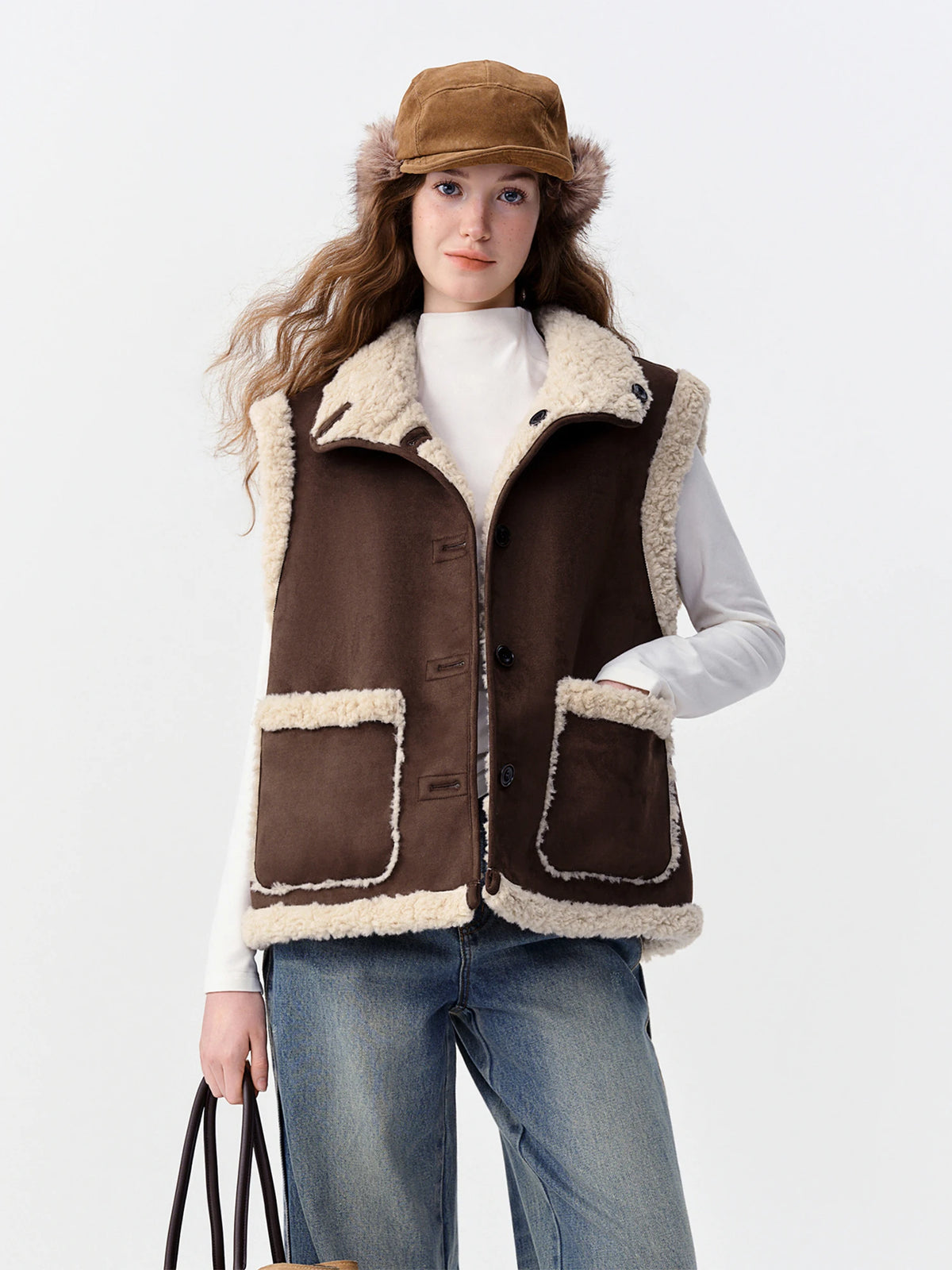 Women Faux Shearling Reversible Vest Suede-Like Lamb Fur Stand Collar Double-Side