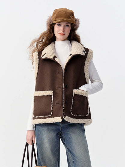 Women Faux Shearling Reversible Vest Suede-Like Lamb Fur Stand Collar Double-Side