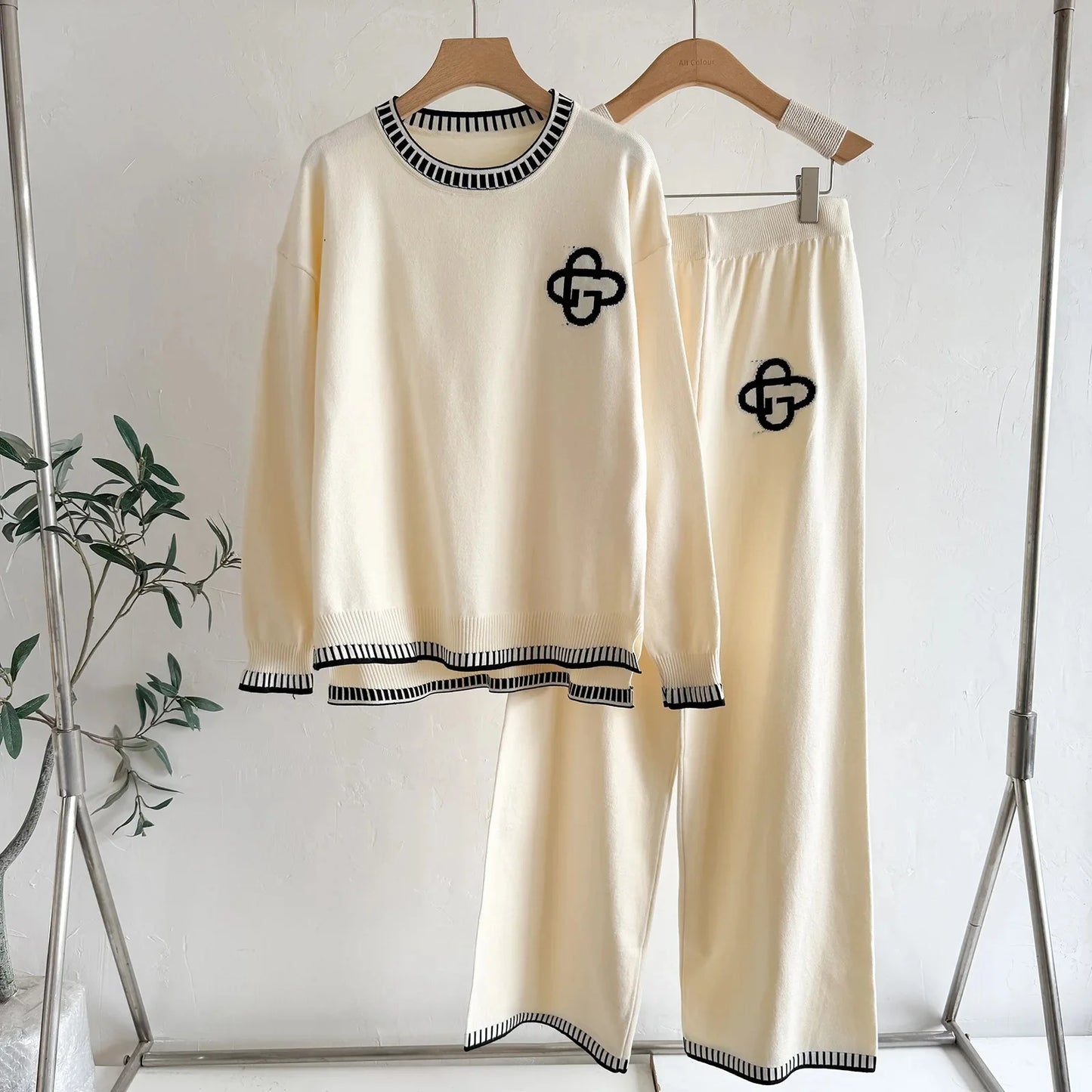 Women's Knitted Zipper Cardigan And Wide Leg Pants Two-Piece Set Spring Autumn