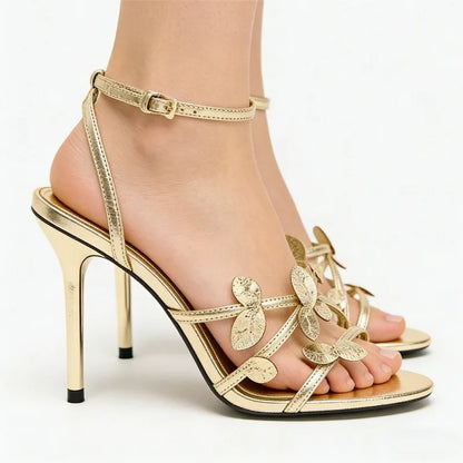 Brand Designer High Heels Women Gold Ankle Strap Fashion Sandals Female Open Toe Narrow