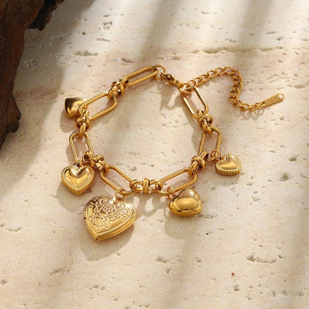 18K Gold Plated Heart Pendant Bracelet Stainless Steel Paperclip Jewelry For Women