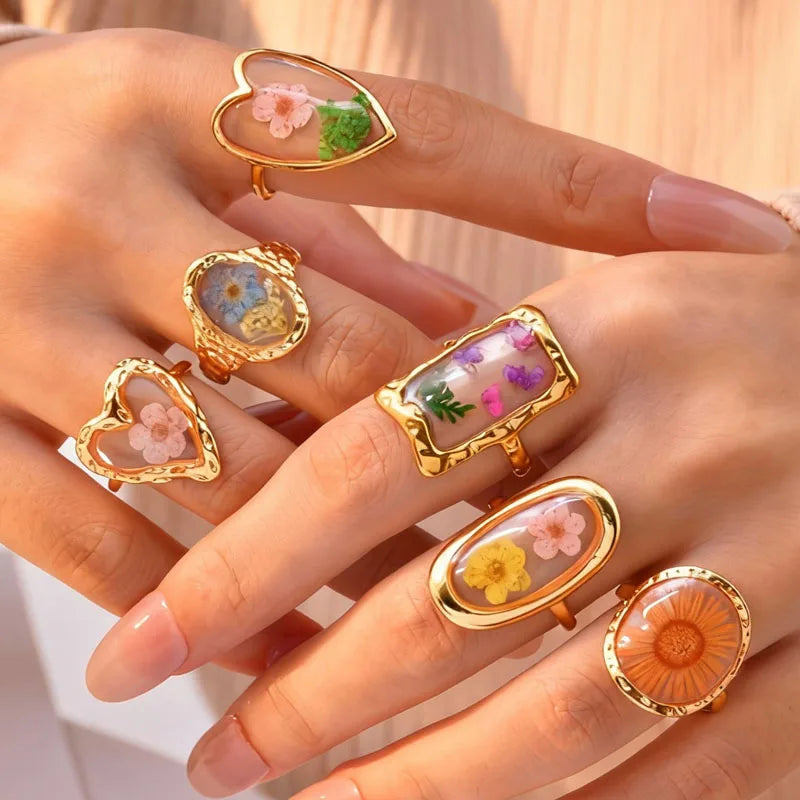 Stainless Steel Rings for Women Dried Flower Resin Jewelry Dainty Geometric Open Adjustable Vintage Floral Rings Waterproof