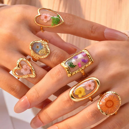 Stainless Steel Rings for Women Dried Flower Resin Jewelry Dainty Geometric Open Adjustable Vintage Floral Rings Waterproof