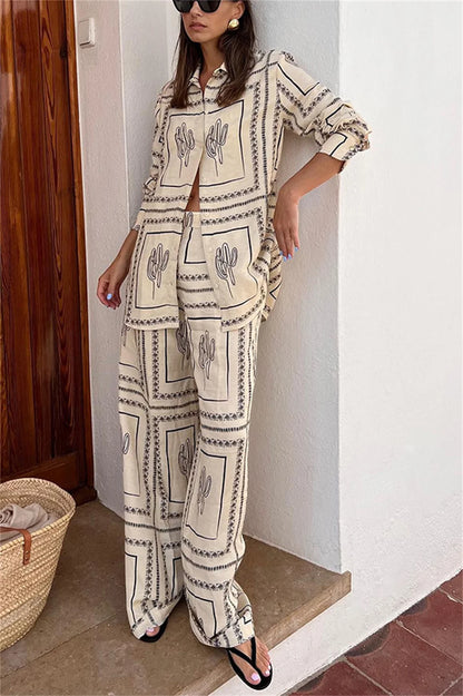 Female Printed Shirts Two Piece Set  Lapel Long Sleeve Top High Waist Wide Leg Pants 2024 Spring Summer Women Home Wear Suits