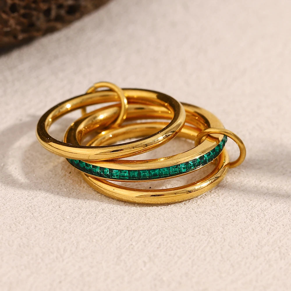 New Design Green Color Rhinestone Three Layers Rings 316L Stainless Steel Fashion Women Waterproof Jewelry