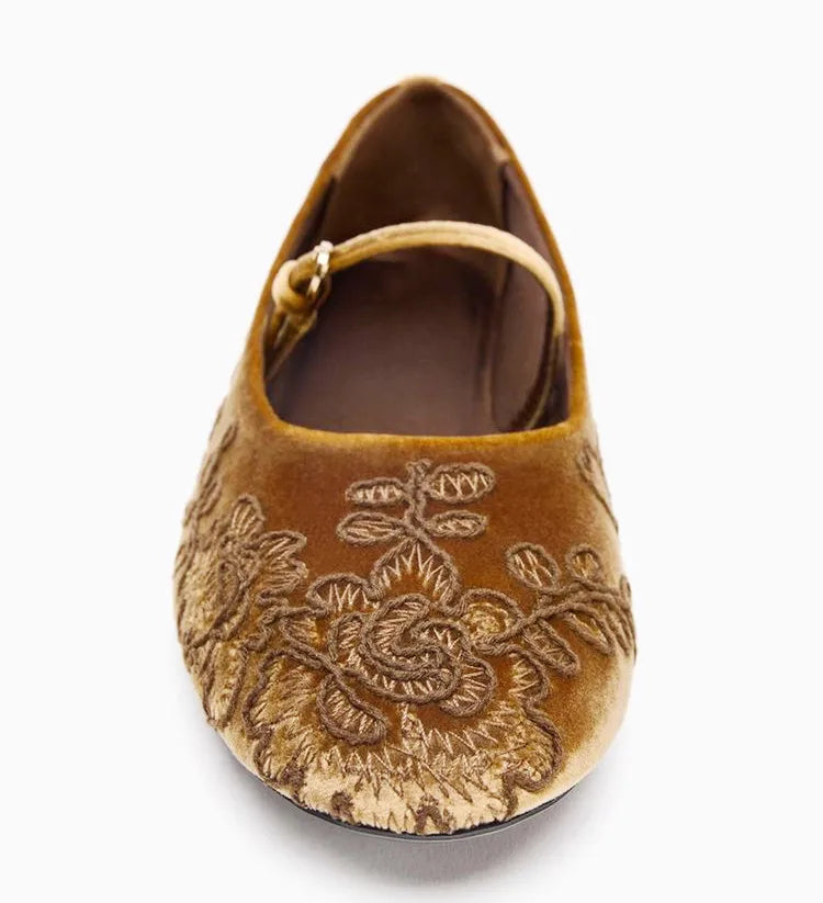 Velvet Effect Embroidered Flowers Ballet Flats Women's