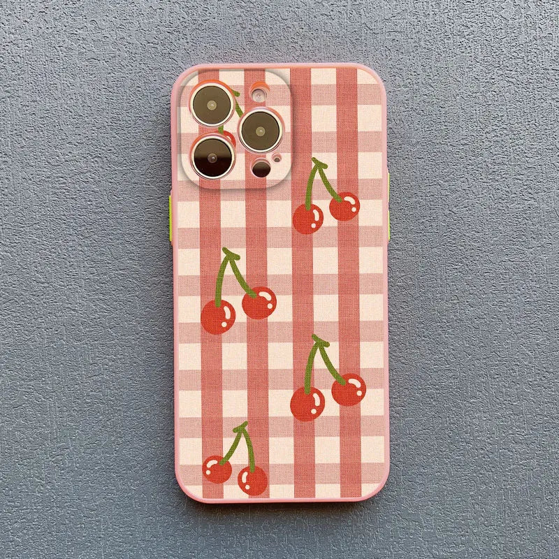 Cute Fashion Girl Cherry Grid Pattern Phone Case for iPhone 15 16 Pro Max Plus 14 11 12 13 Mini Pro Max X XS XR 7 8 Plus Covers