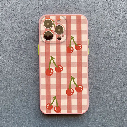 Cute Fashion Girl Cherry Grid Pattern Phone Case for iPhone 15 16 Pro Max Plus 14 11 12 13 Mini Pro Max X XS XR 7 8 Plus Covers