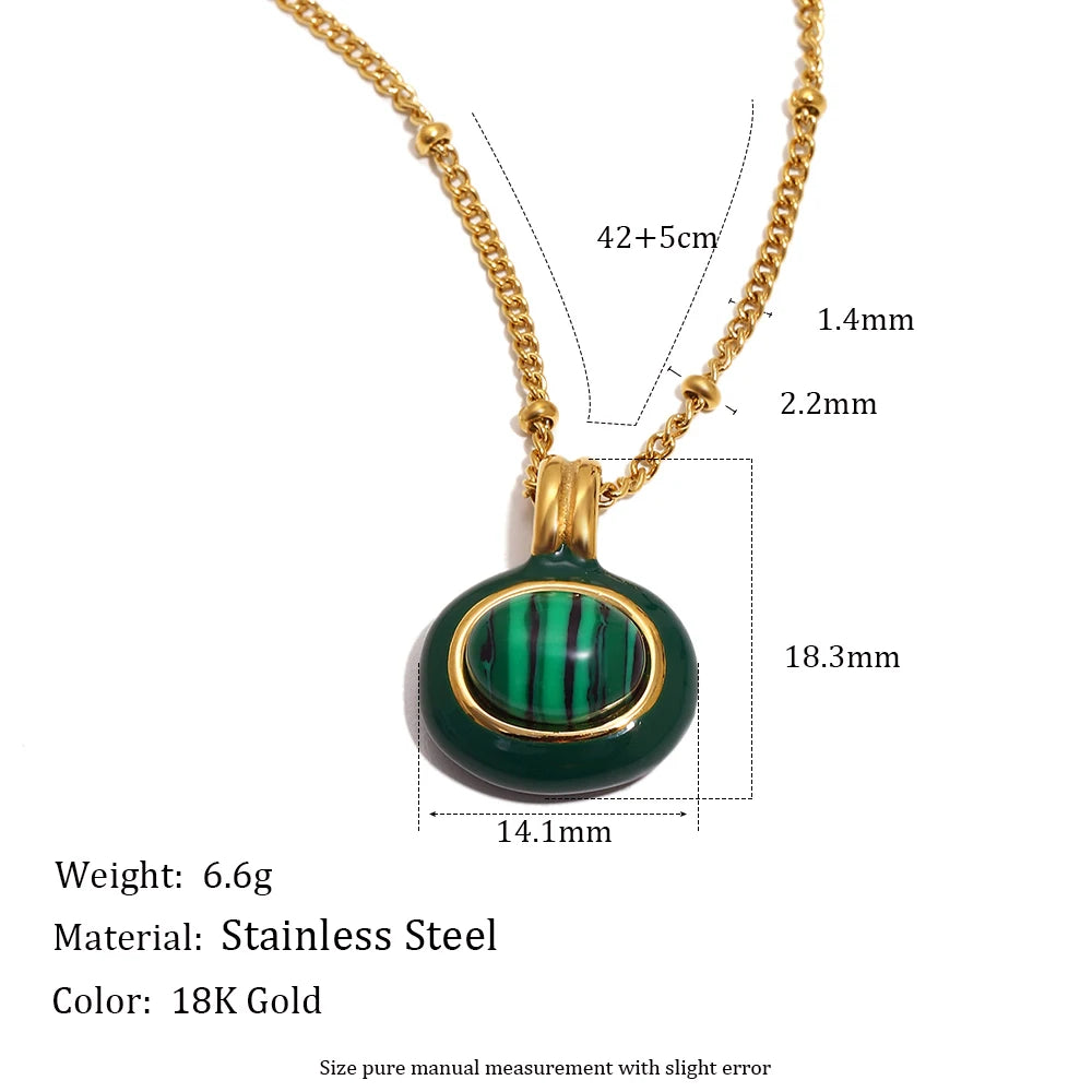 Enamel Framed Natural Stone Pendant Necklace 18K Gold Plated Stainless Steel Chain Hypoallergenic