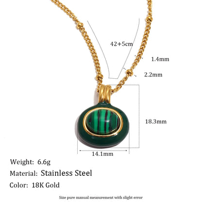 Enamel Framed Natural Stone Pendant Necklace 18K Gold Plated Stainless Steel Chain Hypoallergenic