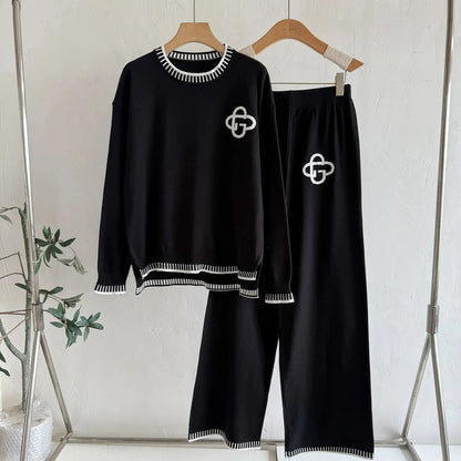 Women's Knitted Zipper Cardigan And Wide Leg Pants Two-Piece Set Spring Autumn