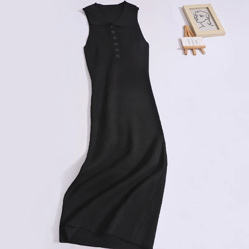 Women Summer New Dress Button Sleeveless Knit Solid Bodycon Dress Versatile Slim Worn Outside Elastic Dress