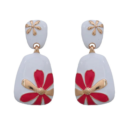 Enamel Flower Metal Dangle Post Earrings For Women
