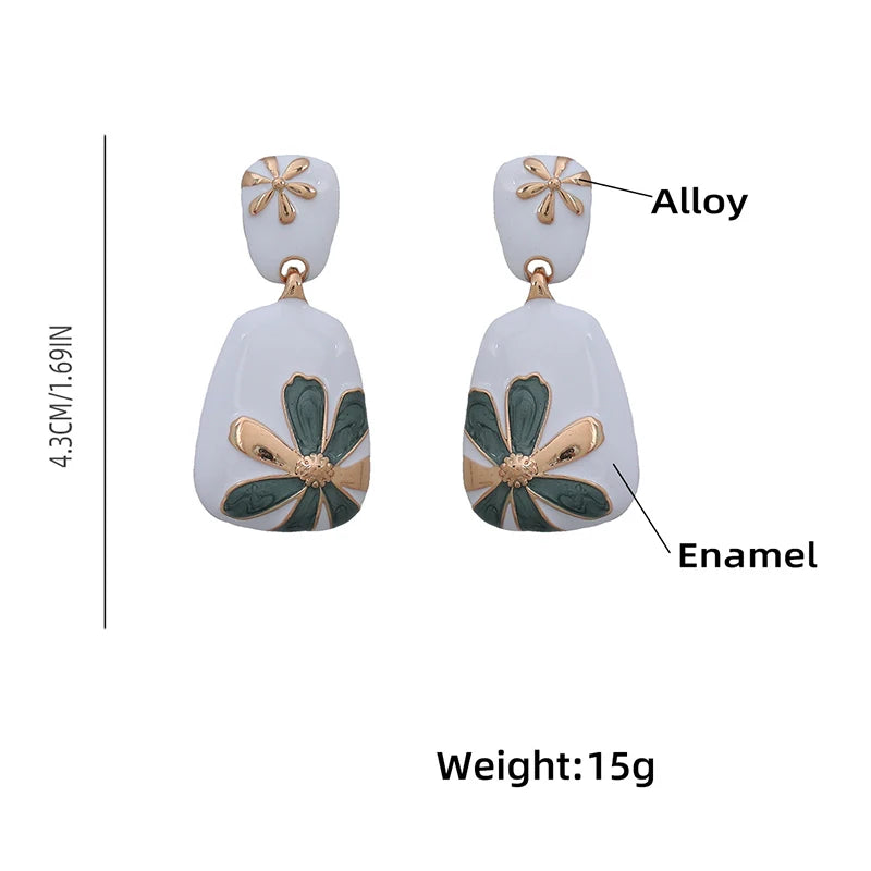Enamel Flower Metal Dangle Post Earrings For Women