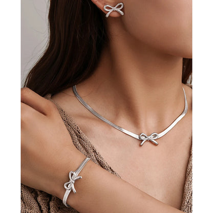 Steel Jewelry Set Blade Chain Bow Design Bracelet Necklace Earrings 3 Piece Jewelry Set For Women Jewelry Party Gifts