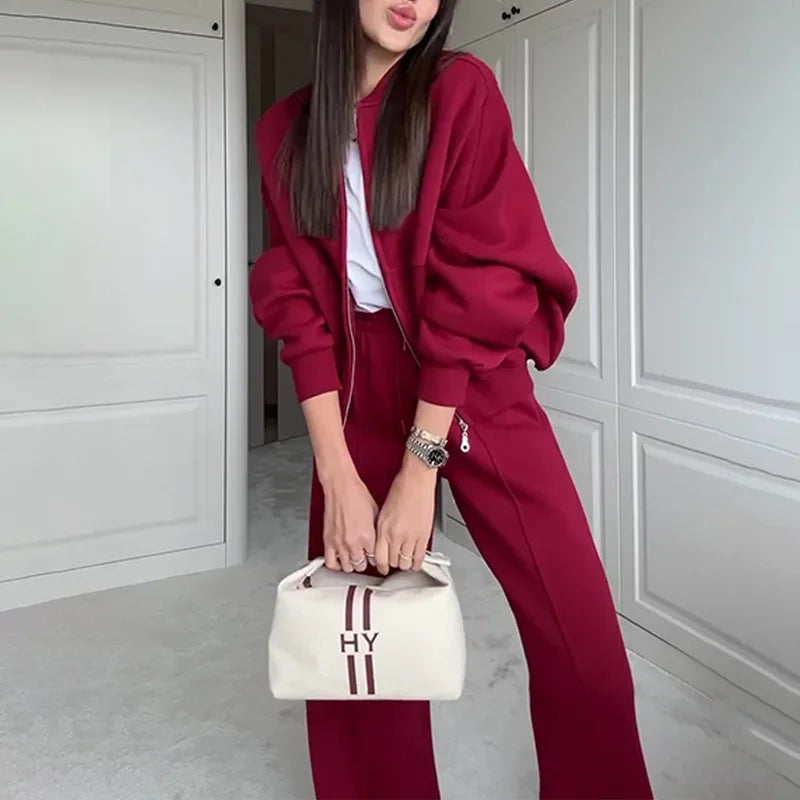 Two Piece Sets Round Fashion Simple Jacket Casual Straight Leg Pants Autumn Winter High Street Lady Suit