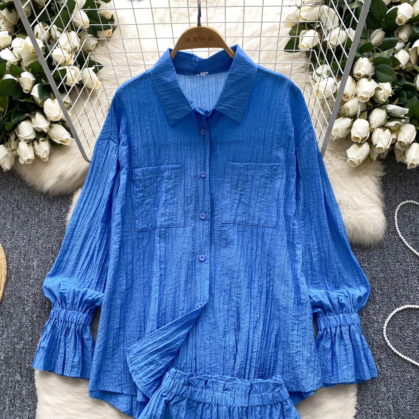 Elegant Polo-neck Vintage Long Flare Sleeves Chic Single Breasted Shirts High Waist Wide Leg Short Pants Sets