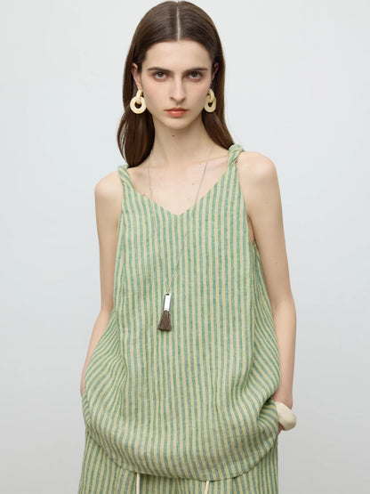 Linen Striped Top Shorts Suit Women Summer