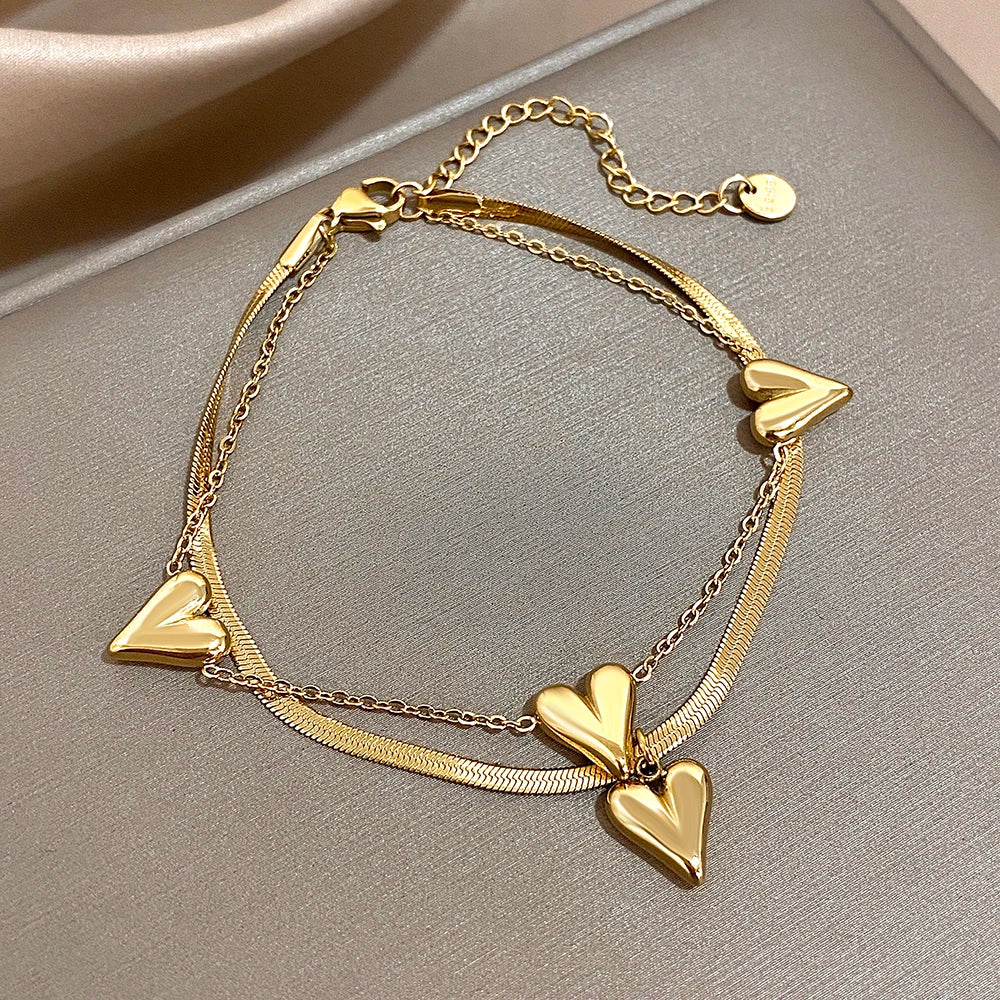 Stylish Heart Pendant Waterproof Gold Plated Steel Bracelets for Women Double Layer Bracelet Charm Fashion Jewelry