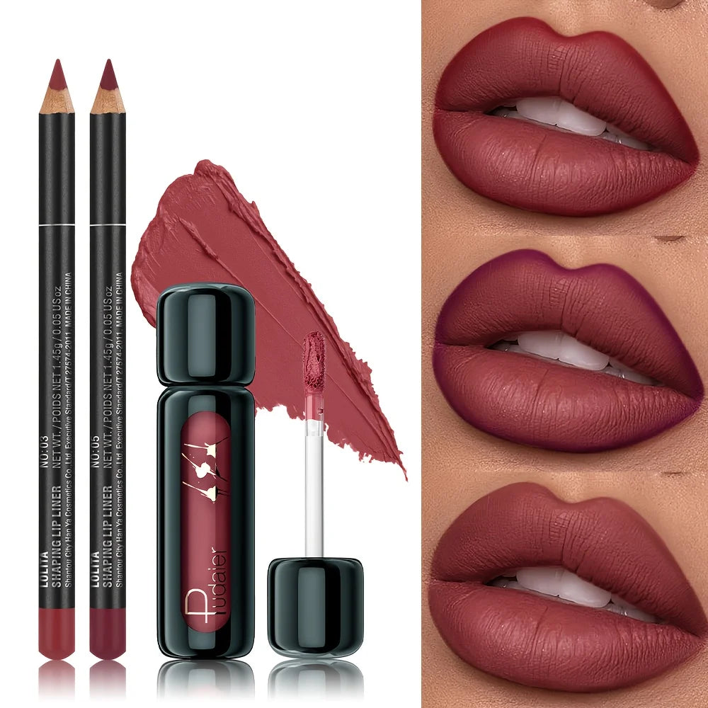 3PCS Matte Lip Liner & Lip Gloss Set,Long Lasting Waterproof Non-Stick Velvet Lip Makeup, Smooth Lip Mud Gift for Women