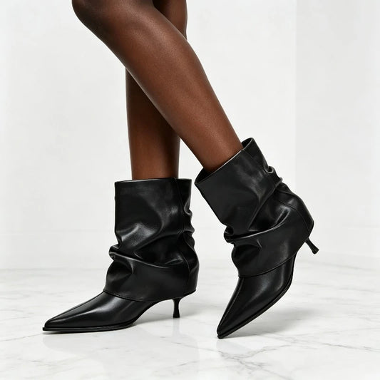 Pleated Boots Women Black Pointed Toe High Heels Short Boots