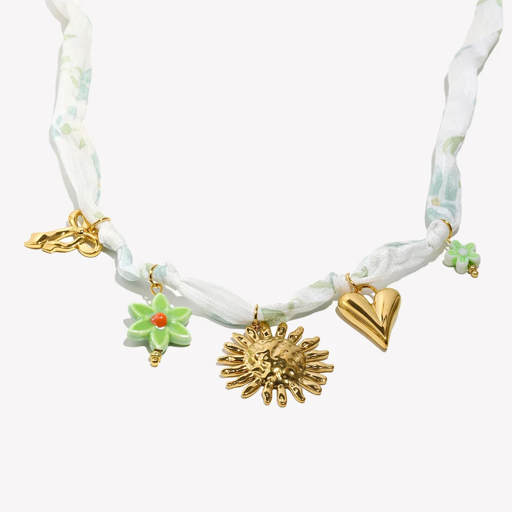 New Fashion 18K Gold Plated Ribbon Flower Starfish Fossil Shell Sun Pendant Necklace Stainless Steel Neck Jewerly
