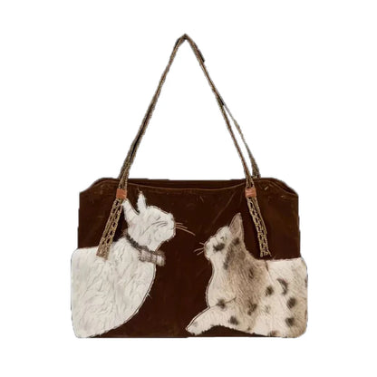 Cute Retro Cat Tote Bag Women Leather Texture Plush Large Capacity Shoulder Bag