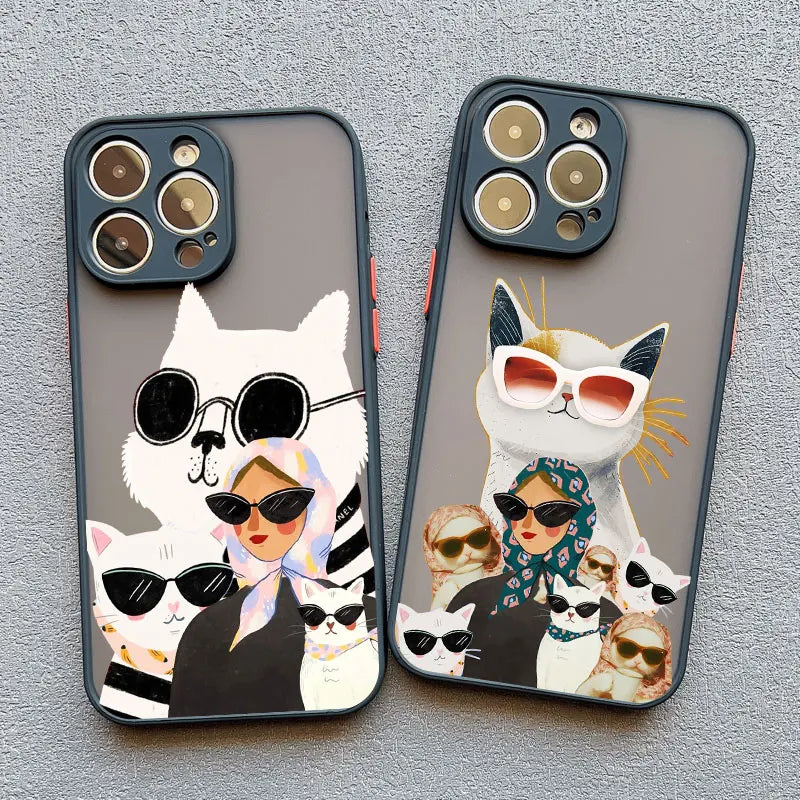 Cartoon Cat And Woman Plaid Pattern Phone Case For iPhone 17 16 15 14 Pro Max Plus 12 13 Mini 11 Pro Max XR XS X 7 8 SE2 Covers