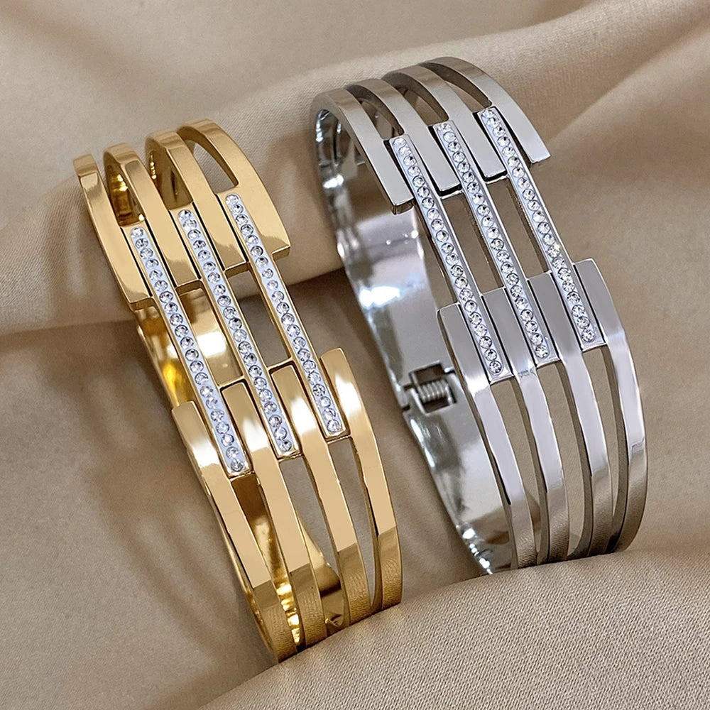 Bracelets for Women Luxury Zircon Intersect Gold Plated Metal Wide Jewelry