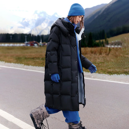 Women Down Jacket New Long Thick Nordic Outdoor Hooded White Duck Down Baffleless Down Proof Outerwear
