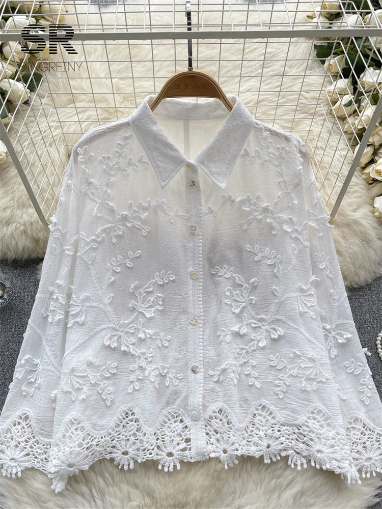 Embroidery Loose Shirt Women Elegant Retro Solid Lapel Long Sleeve High Quality Ladies Summer Fashion Court Blouse