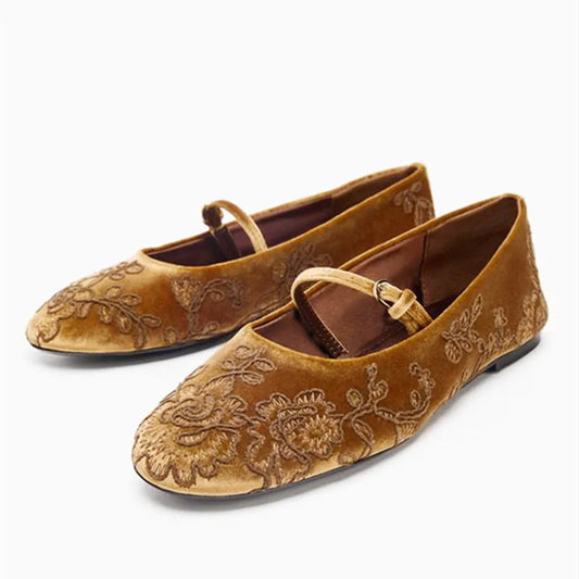 Velvet Effect Embroidered Flowers Ballet Flats Women's