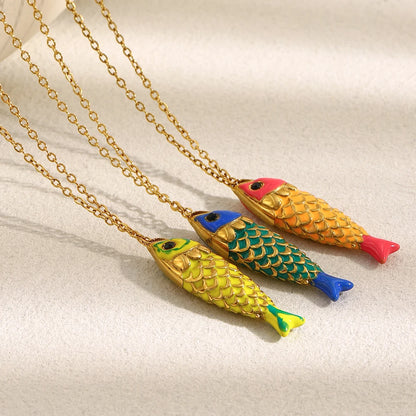 Colorful Lucky Enamel Fish Pendant Necklace Waterproof 316L Stainless Steel 18K Gold Plated Jewelry Accessories