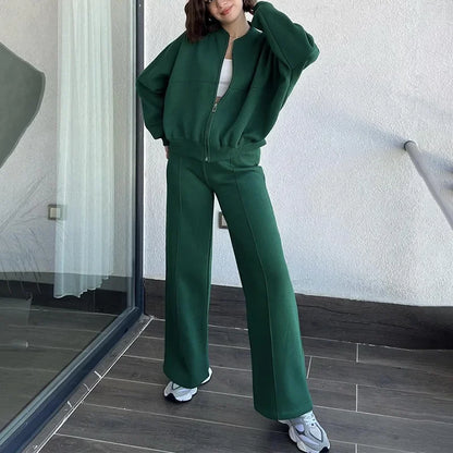 Two Piece Sets Round Fashion Simple Jacket Casual Straight Leg Pants Autumn Winter High Street Lady Suit