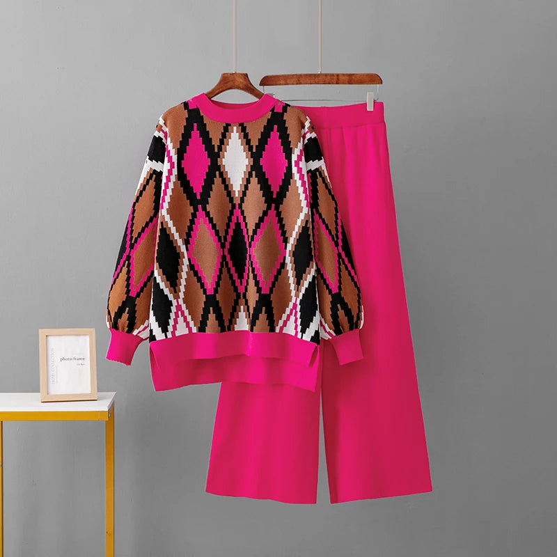 Knitted Two-Piece Matching Sets for Women Loose Trousers Suit Long Sleeve Top Wide Leg Pants Casual Outfits Lozenge Sweater