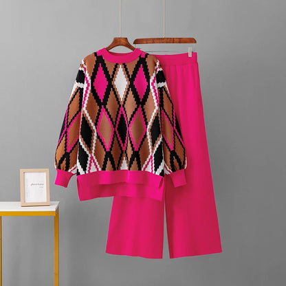 Knitted Two-Piece Matching Sets for Women Loose Trousers Suit Long Sleeve Top Wide Leg Pants Casual Outfits Lozenge Sweater