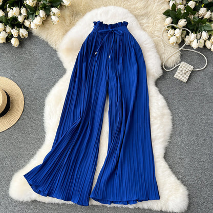 Basics Casual Pants Women Summer Oversize Draped Wide Legs Pants High Waist Solid Long Pleated Trousers