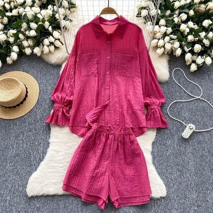 Elegant Polo-neck Vintage Long Flare Sleeves Chic Single Breasted Shirts High Waist Wide Leg Short Pants Sets