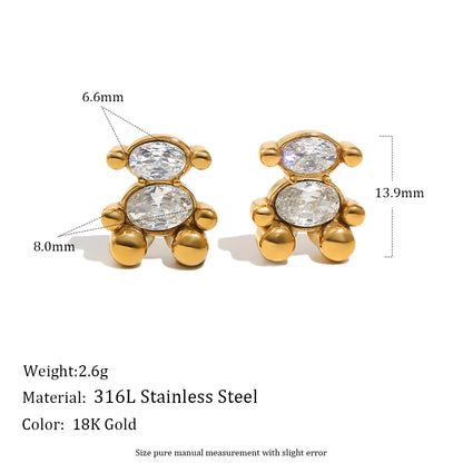Cute Bear Jewelry Set Gold Plated Sitting Bear Zircon Necklace Stud Earring Smooth Edge Versatile Style Jewelry